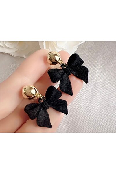 İthal Vintage Earrings with Velvet Bow Detail, Black, Gold Color Ball Detail