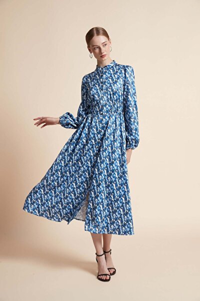 Yola Blue Patterned Midi Long-Sleeve Dress