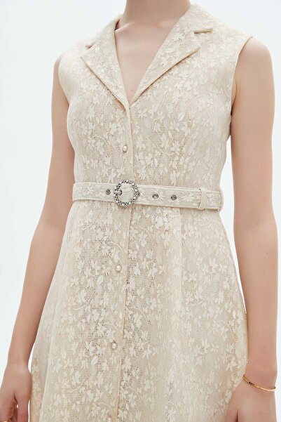 Nichii Cream Floral Knee-Length Belted Dress