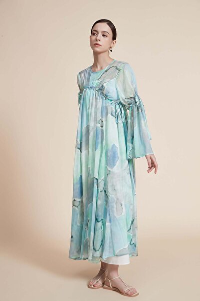 Yola Blue Abstract Maxi Bell-Sleeve Dress