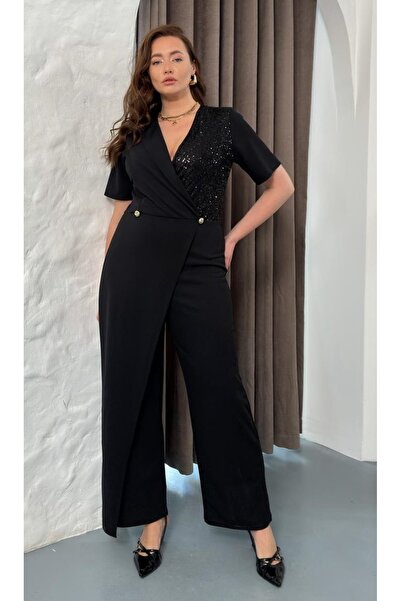 Butik Nilyam Salopetă de seară elastică pentru femei, mărime mare, cu guler d...