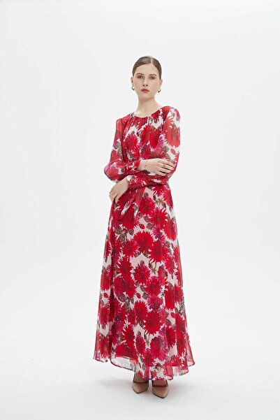 Nichii Red Floral Maxi Belted Dress