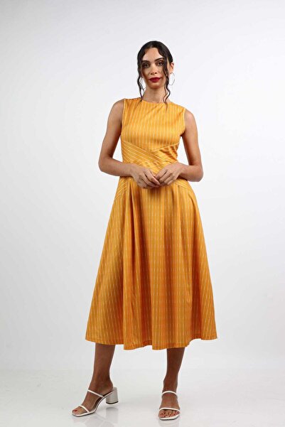 Nichii Yellow Striped Midi A-Line Dress