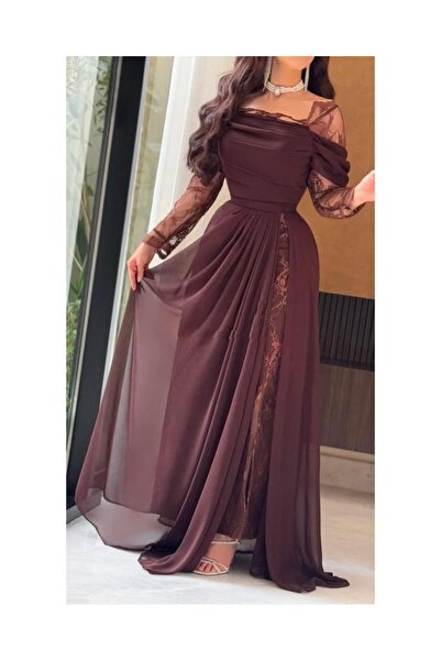 elin brown chiffon evening dress