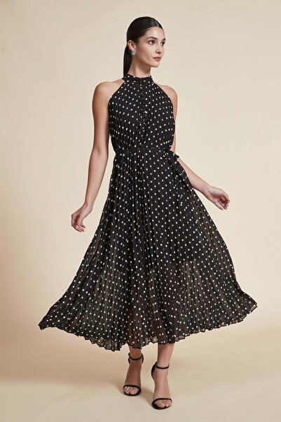 Yola Black Polka-Dot Midi Belted Dress
