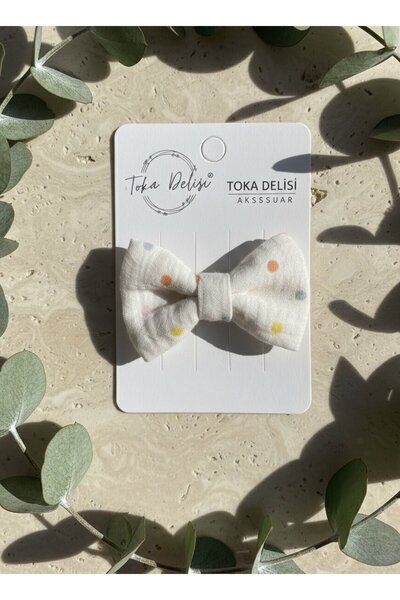 Toka Delisi Krem Renkli Puantiyeli Müslin Saçsız Bebek Tokası, Az Saçlı Bebek...