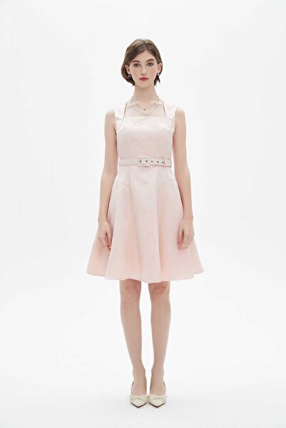 Nichii Pink Solid A-Line Belted Dress