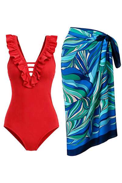 CUPSEA Slimming Effect Ruffled Front Red Swimsuit Sea Blue 2-Piece Set