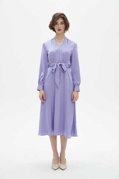 Nichii V-Neck Long Sleeve Midi Dress with Waist Tie