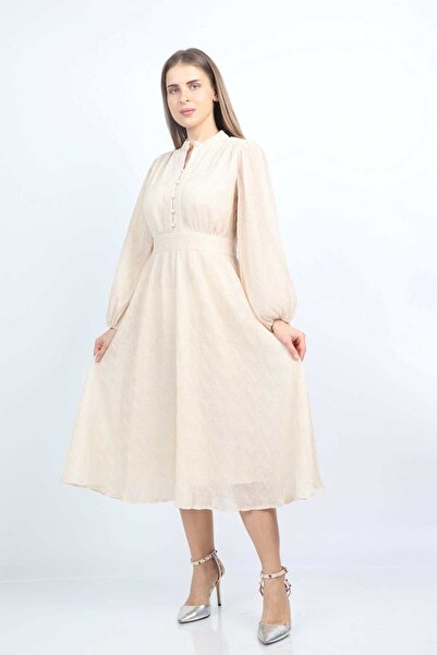 Nichii Beige Plain Midi Long-Sleeve Dress