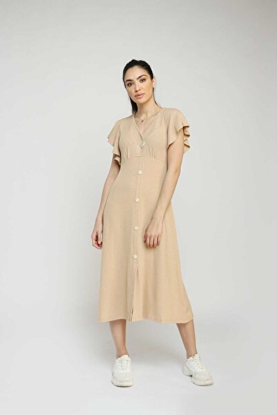 Nichii Green Solid Midi V-Neck Dress