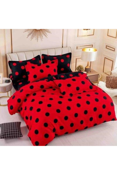 JOJO Double Bed Linen Set from Fine Cotton with Elastic, 6 Pieces - Red / Bla...