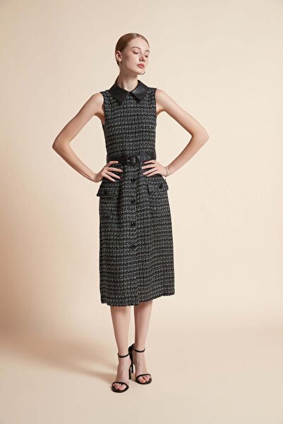 Yola Black Patterned Midi Belted Dress