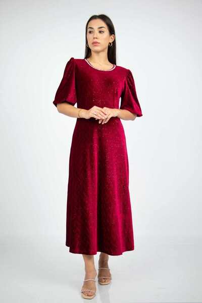 Nichii فستان ميدي سادة بلون بورغندي بأكمام منفوخة