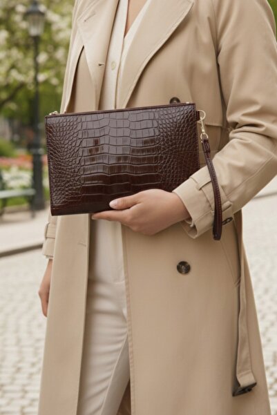Bagfoni Bitter Brown Crocodile Patterned Hand Strap Portfolio Clutch Bag 25X1...