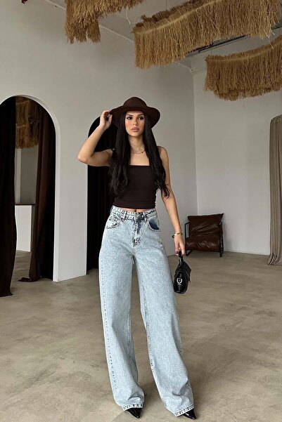 My Loore Women's Light Blue Stone Detailed High Waist Wide Leg Jeans Mlb140