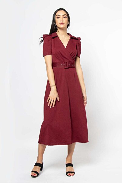 Nichii Burgundy Plain Midi Belted Dress