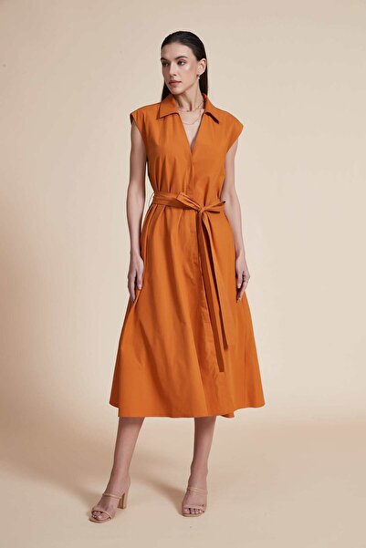 Yola Orange Plain Midi Belted Dress