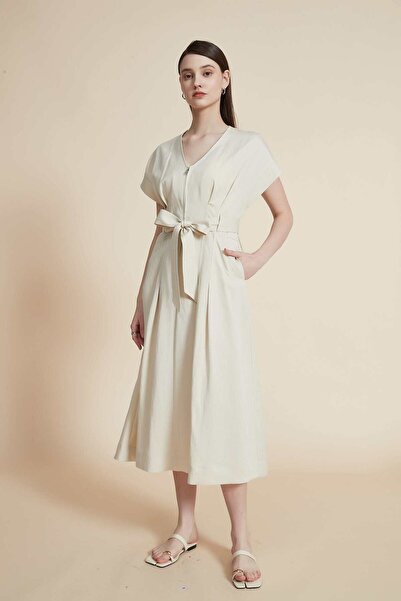 Yola Cream Plain Midi Belted Dress