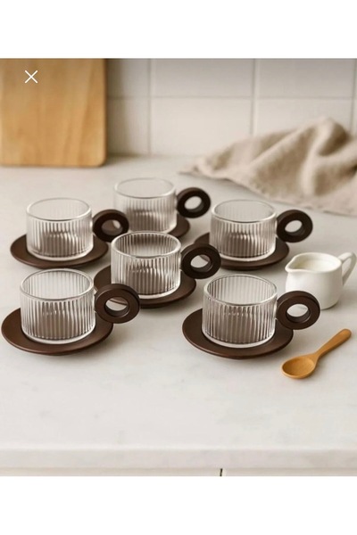 MİMOZA PARK 12 Parça 90 ml Cam Türk Kahvesi Fincan Seti – Akasya Ahşap Kulplu...