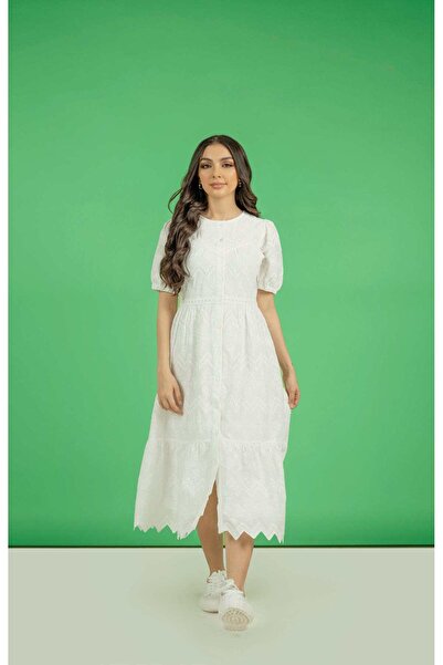 Nichii فستان ميدي أبيض بنقوش بقصة حرف A