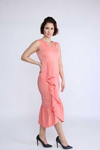 Nichii Pink Solid Midi V-Neck Dress