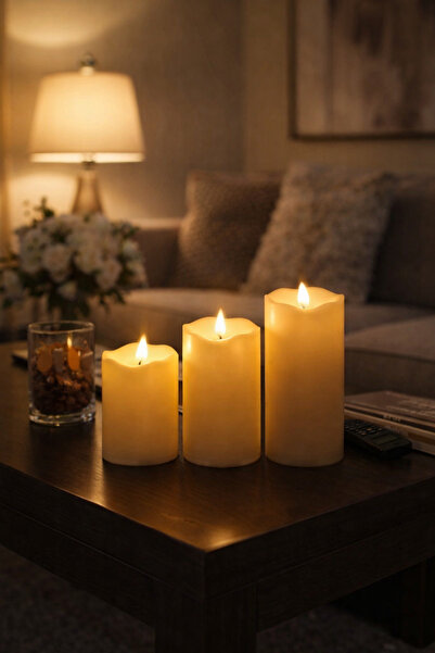 KENLY Alevsiz Titreyen LED Mum Büyük Boy 3’lü Set Kumandalı, Gerçekçi Işık Ef...