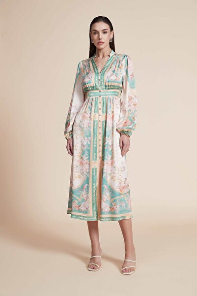 Yola Multicolor Patterned Midi Long-Sleeve Dress