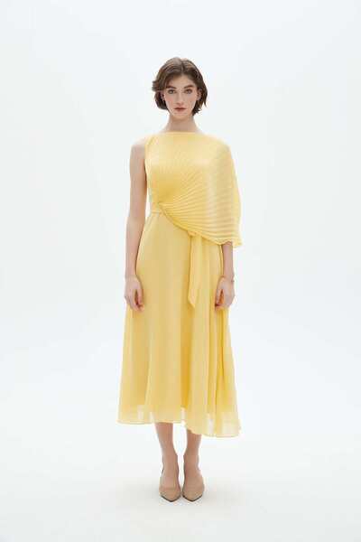 Nichii Yellow Plain Midi Cut-Out Dress