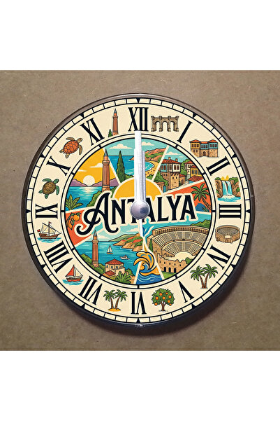 BK Design Antalya Temalı Magnet Saat Buzdolabı Süsü Duvar Saati 10,5cm MS1014