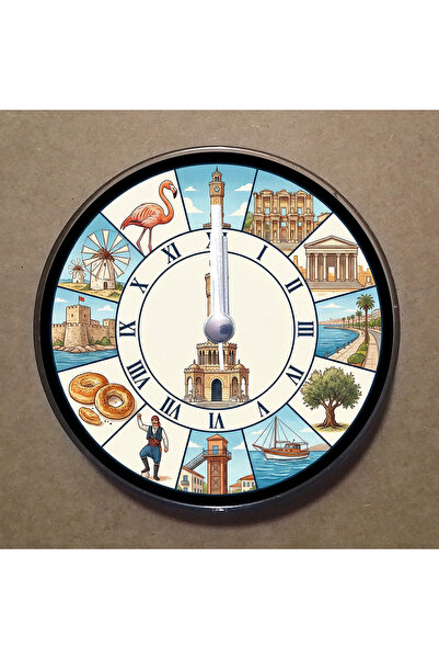 BK Design İzmir Temalı Magnet Saat Buzdolabı Süsü Duvar Saati 10,5cm MS1037