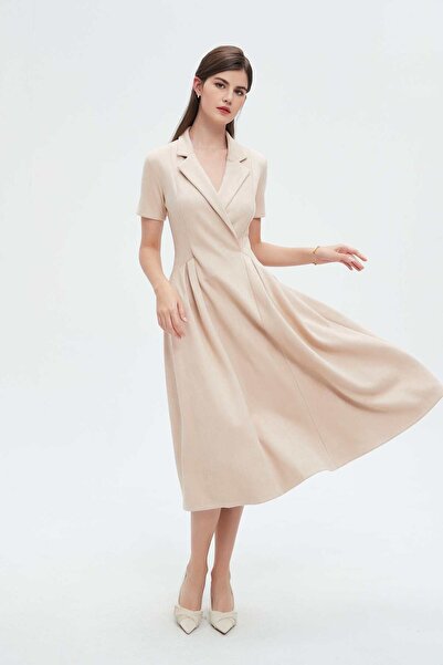 Nichii Beige Solid Midi Short-Sleeve Dress