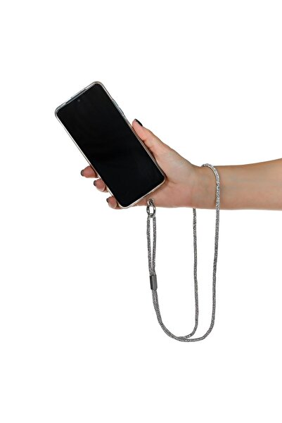 OEM Curea de Gat Argintie cu Strass pentru Husa Telefon Mobil 48cm