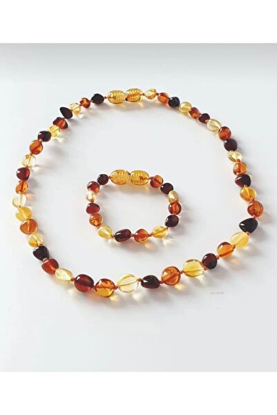 Taşmir Sertifikalı Damla Kehribar Bebek Kolye Bileklik Set