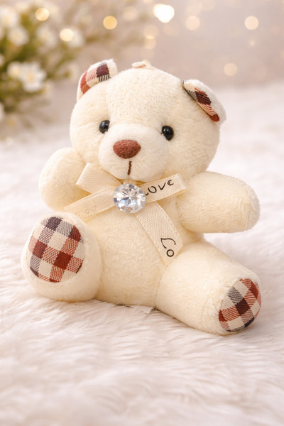 Srctech White Plaid Patterned Plush Teddy Bear Keychain, Gift & Lover Keychai...