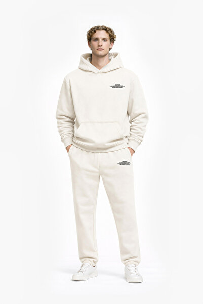 Logo Baskılı Ekru Unisex Oversize Kapüşonlu Sweatshirt