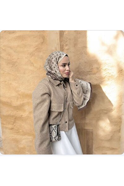 PİRAMİT LV MODEL ÇİFT TARAFLI PAMUK JAKARLI ŞAL KAHVE KREM