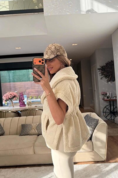 My Loore Women's Beige Belt Detailed Plush Vest Mlb144