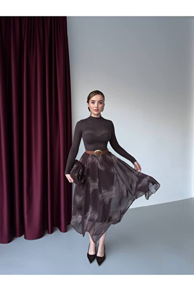 Foola Moda Asimetrik Kesim Desenli Şifon Etek - Volanlı Midi Boy Uçuş Uçuş Etek