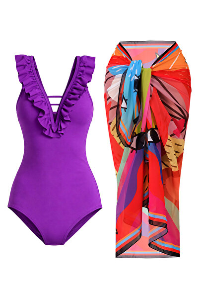 CUPSEA Thin, Effective, Ruffled Front Purple Swimsuit Rainbow Pareo 2-Piece