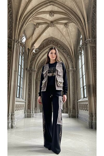 RED WOMAN FASHİON Leopard Vest Set Chain Wide Leg Three Piece Set