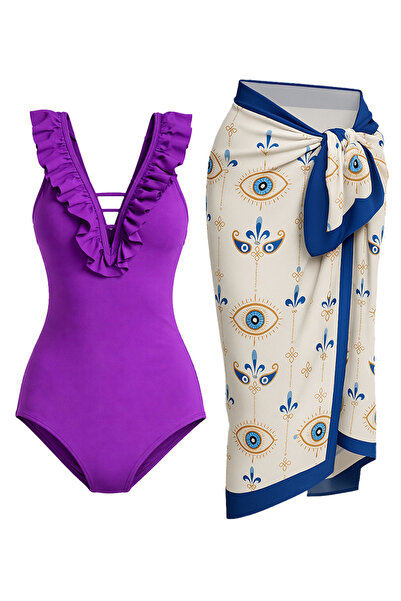 CUPSEA Thin, Effective, Ruffled Front Purple Swimsuit Evil Eye Bead 2-Piece Set