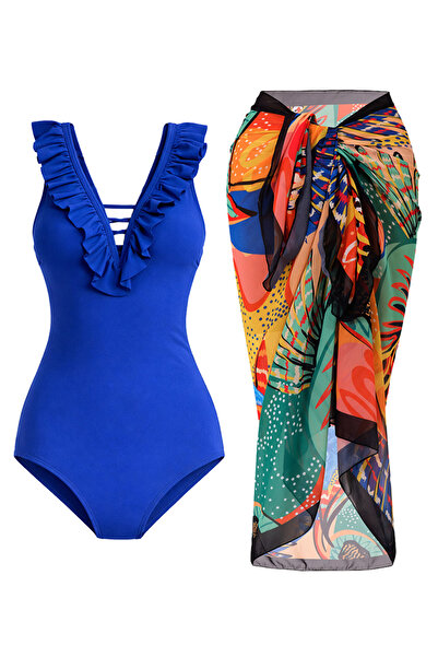 CUPSEA Thin and Effective Ruffled Front Blue Swimsuit Orange Leaf 2-Piece Set