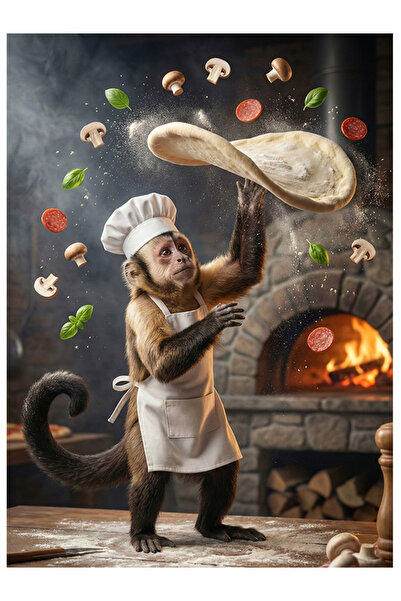 Bedeko Pizza Yapan Maymun Resimli Mdf Ahşap Tablo