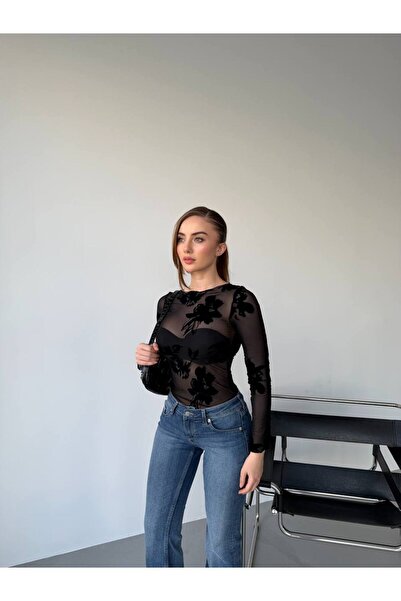 Foola Moda Flok Baskılı Transparan Bluz