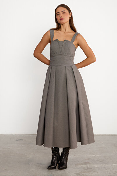 LADYA COLLECTION Gri Kareli Alin Kare Yaka Elbise