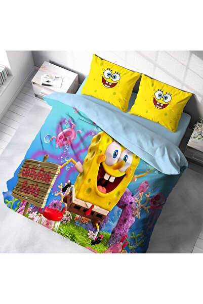 SAREL Sünger Bob Baskılı 3D Çift Kişilik Nevresim Takımı