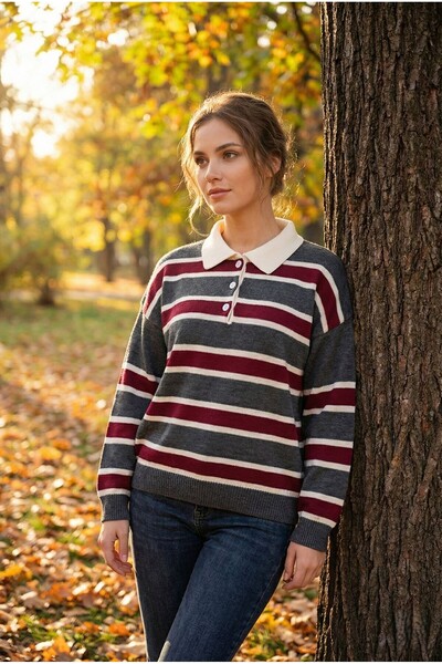 RAGİDE Striped Polo Neck Buttoned Knitwear Sweater