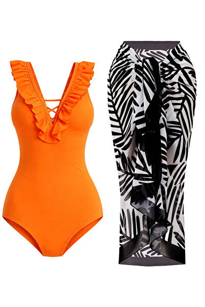 CUPSEA Yellow Swimsuit with Ruffles on the Front and Black Leaf Pareo 2-Piece...