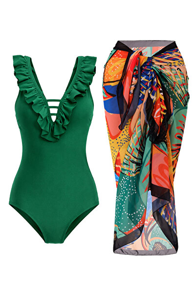 CUPSEA Slimming Effect Ruffled Front Green Swimsuit Orange Leaf Pareo 2-Piece...